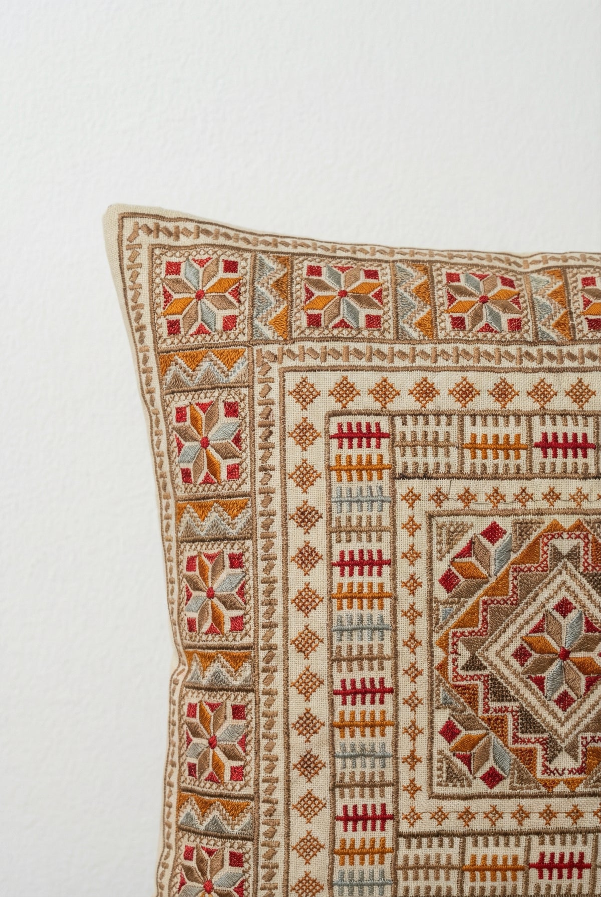 Brown Geometric Embroidered Cotton Square Cushion Cover