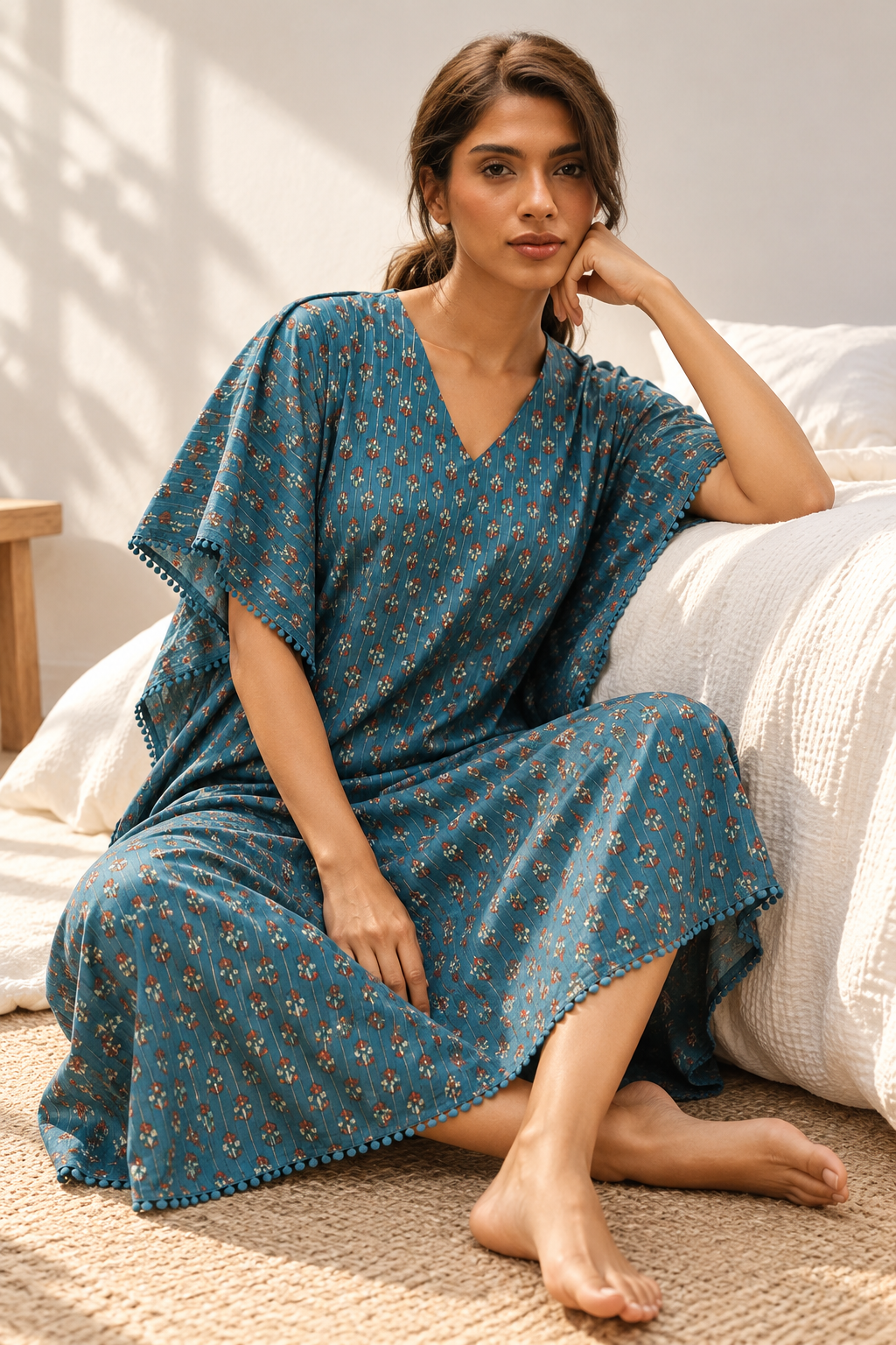 Teal V-Neck Ethnic Motifs Pure Cotton Nighty For Women