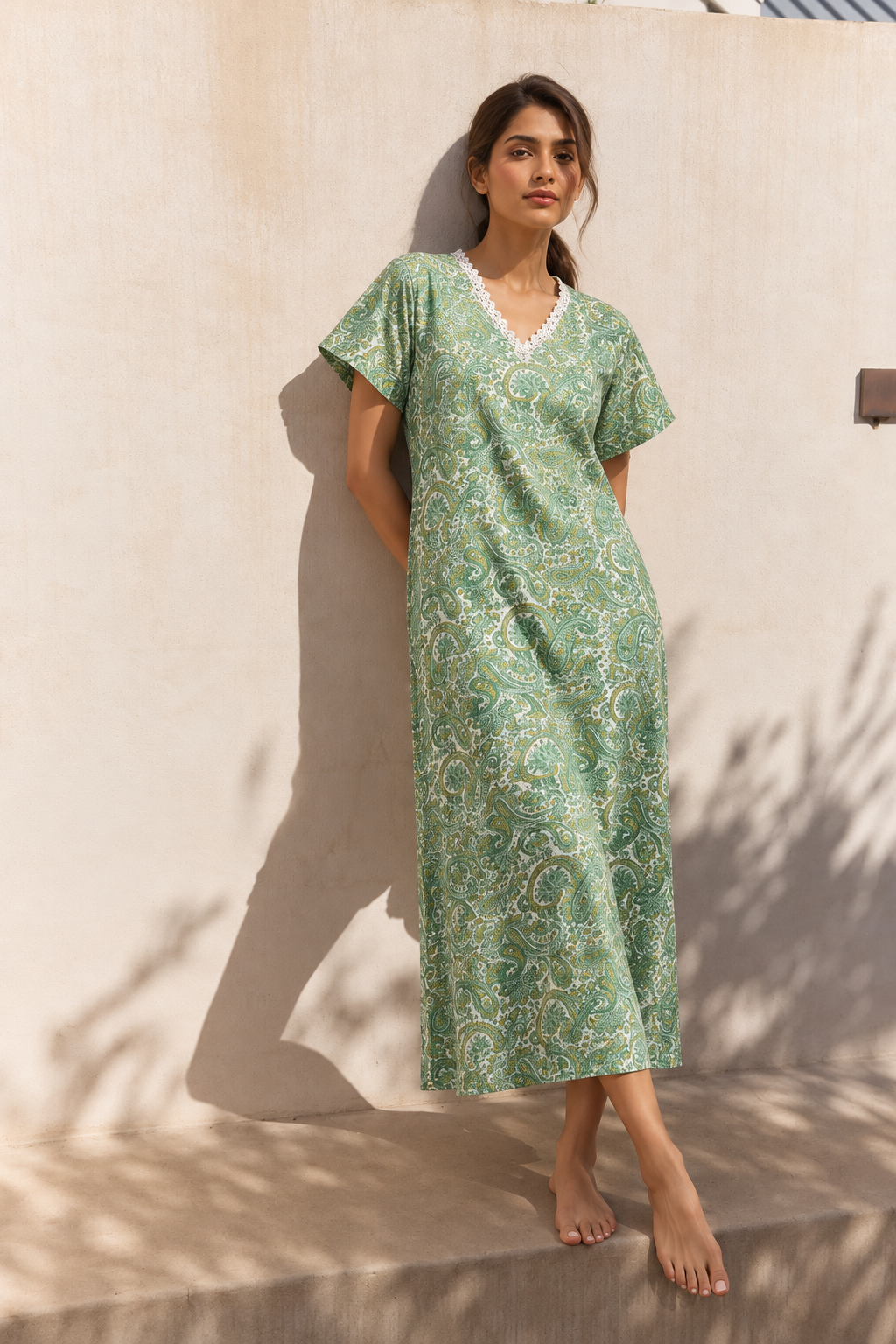 Blue V-Neck Paisley Maxi Length Pure Cotton Nighty For Women