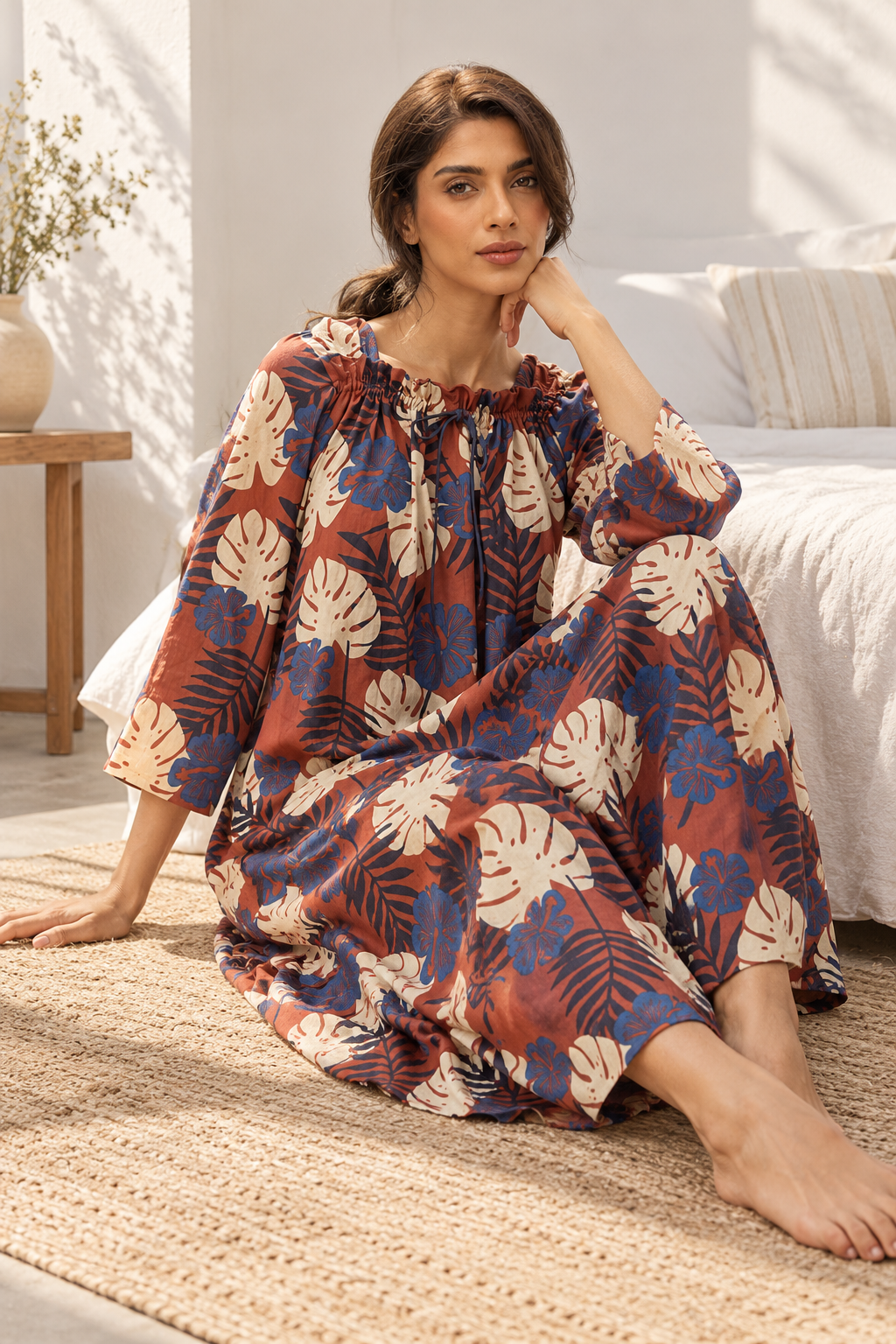 Red Square Neck Tropical Pure Cotton Nighty For Women