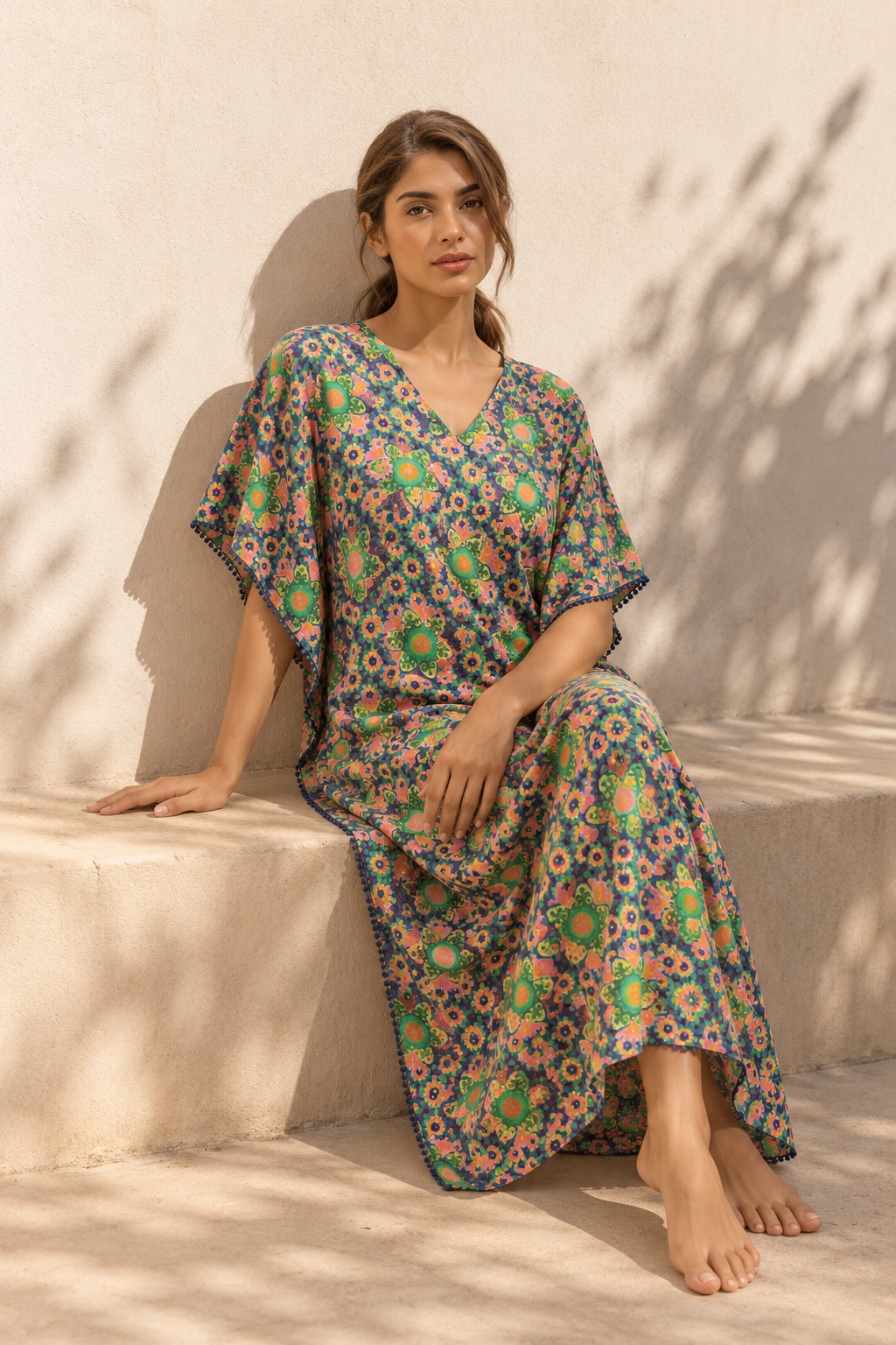 Green & Blue V-Neck Geometric Pure Cotton Nighty For Women