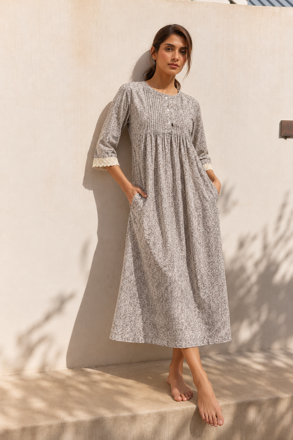 Beige Round Neck Floral Print Pure Cotton Nightdress For Women