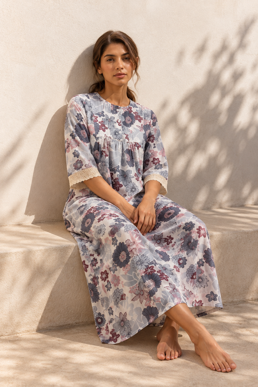 Blue Round Neck Floral Print Pure Cotton Nighty For Women