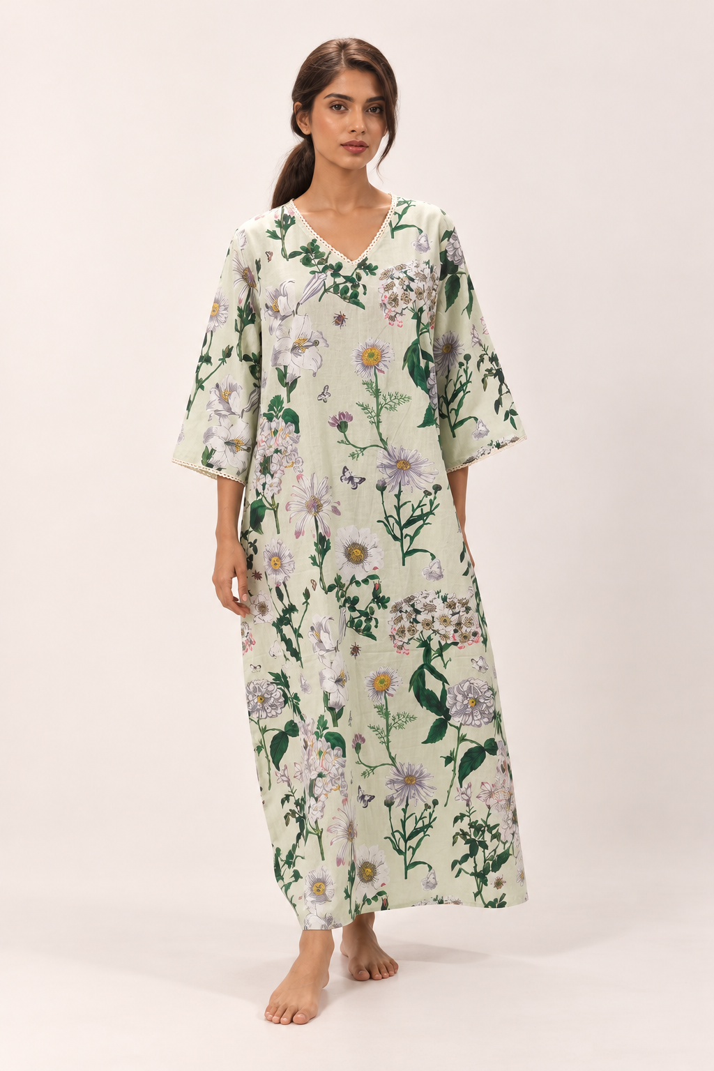 White Floral Print V-Neck Maxi Pure Cotton Nighty For Women