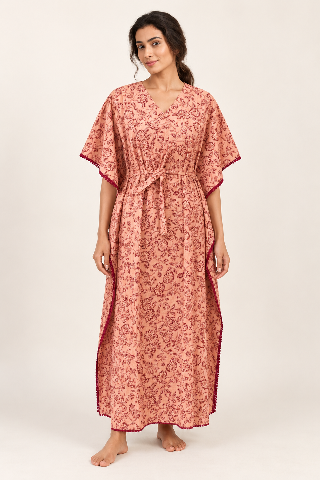 Red Floral Pure Cotton V-Neck Maxi Kaftan Nighty For Women