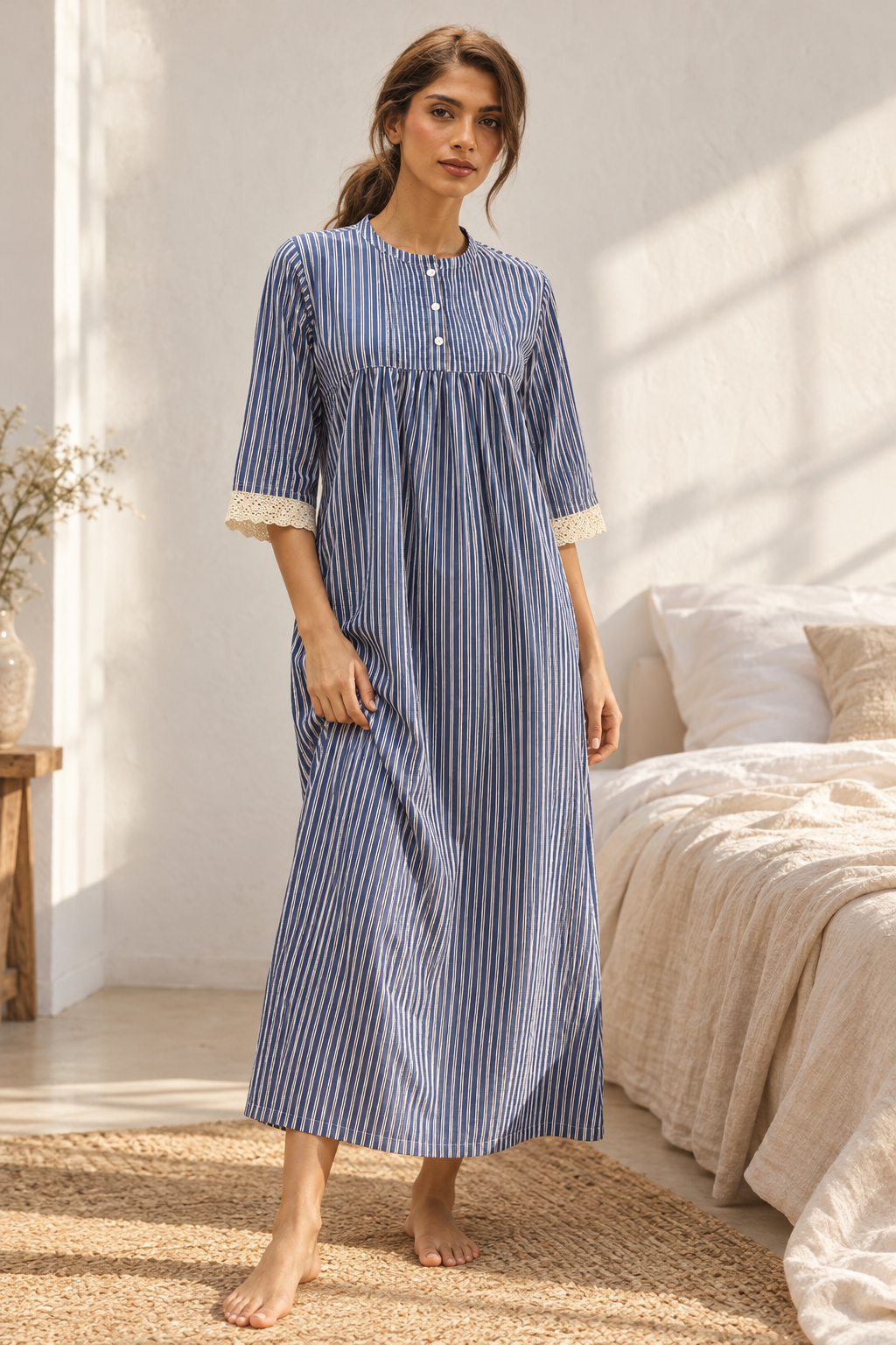 Blue Round Neck Stripes Maxi Pure Cotton Nighty For Women