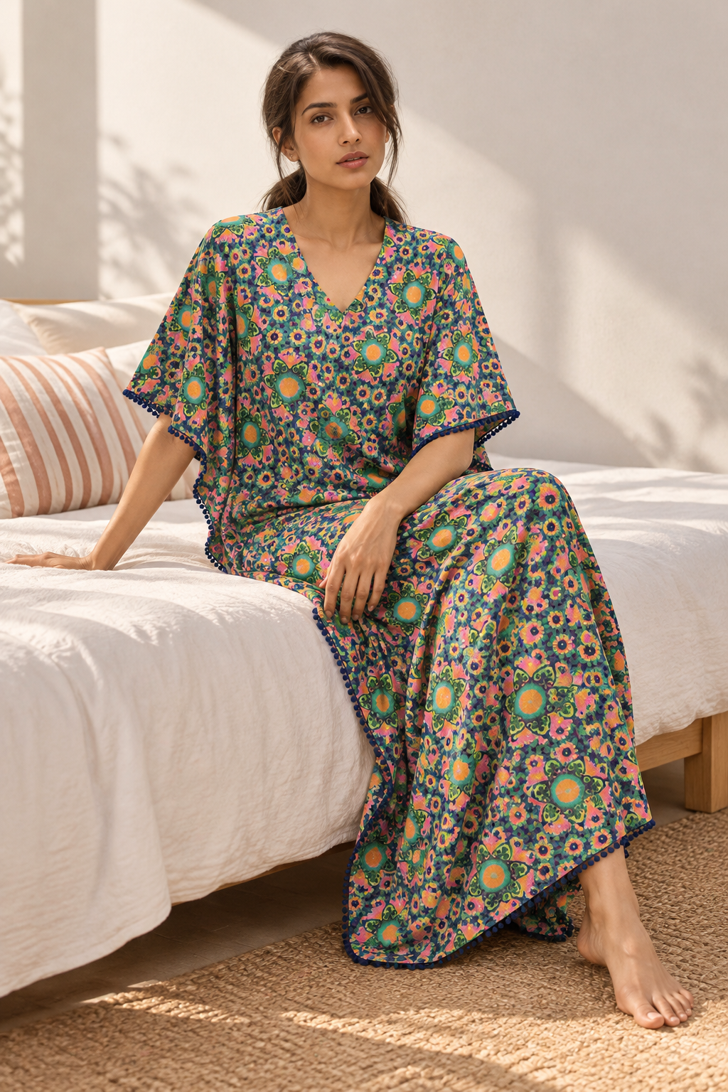 Green & Blue V-Neck Geometric Pure Cotton Nighty For Women