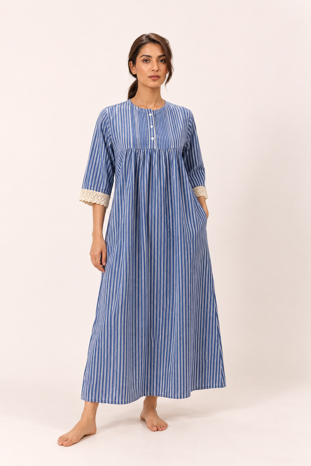 Blue Round Neck Stripes Maxi Pure Cotton Nighty For Women