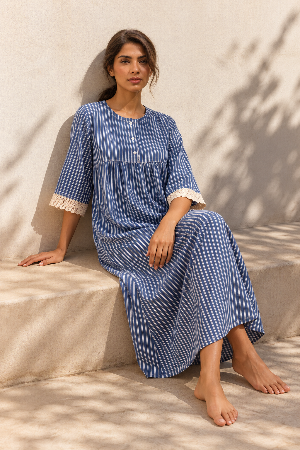 Blue Round Neck Stripes Maxi Pure Cotton Nighty For Women