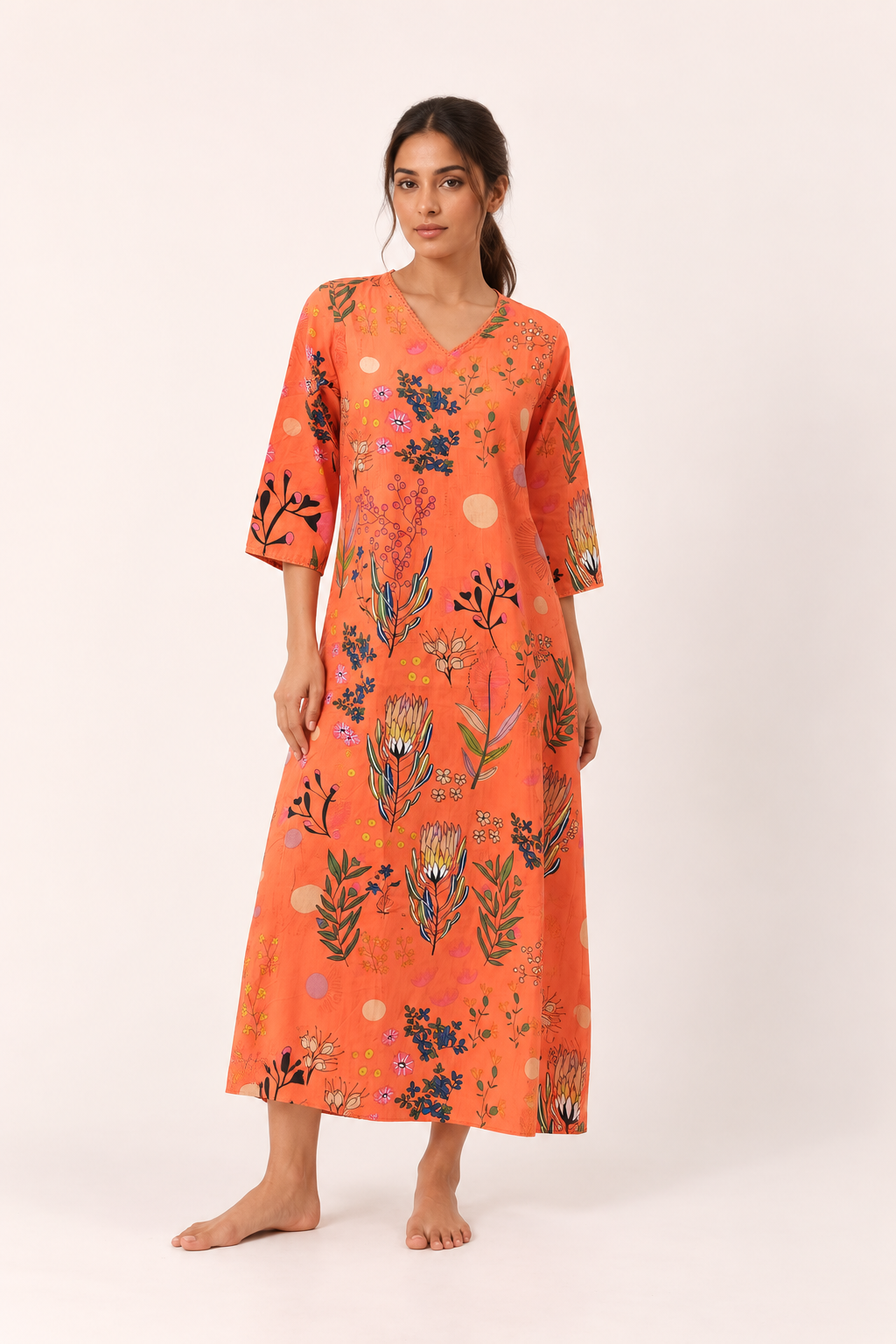 Orange V-Neck Floral Prinr Maxi Pure Cotton Nighty For Women