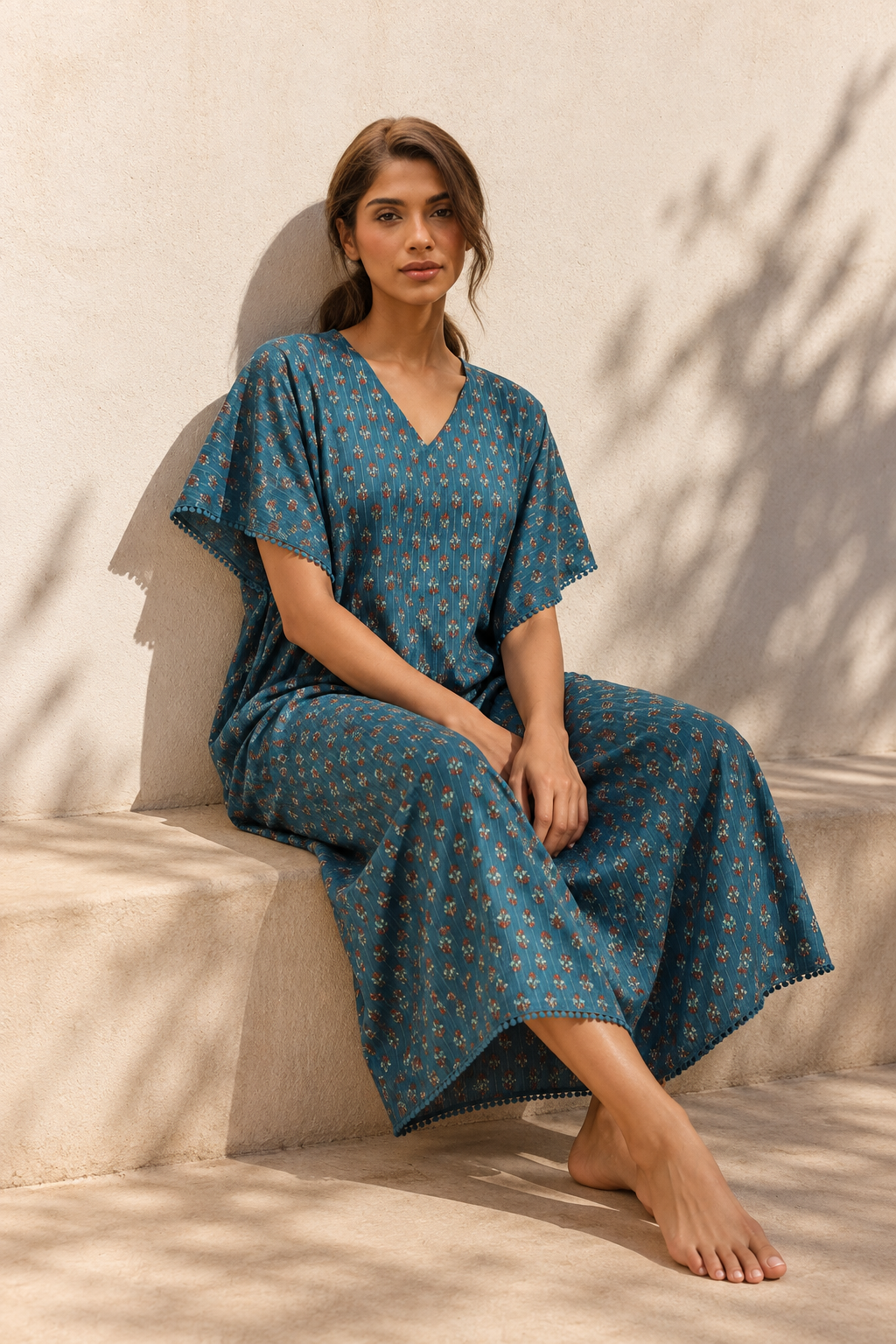 Teal V-Neck Ethnic Motifs Pure Cotton Nighty For Women