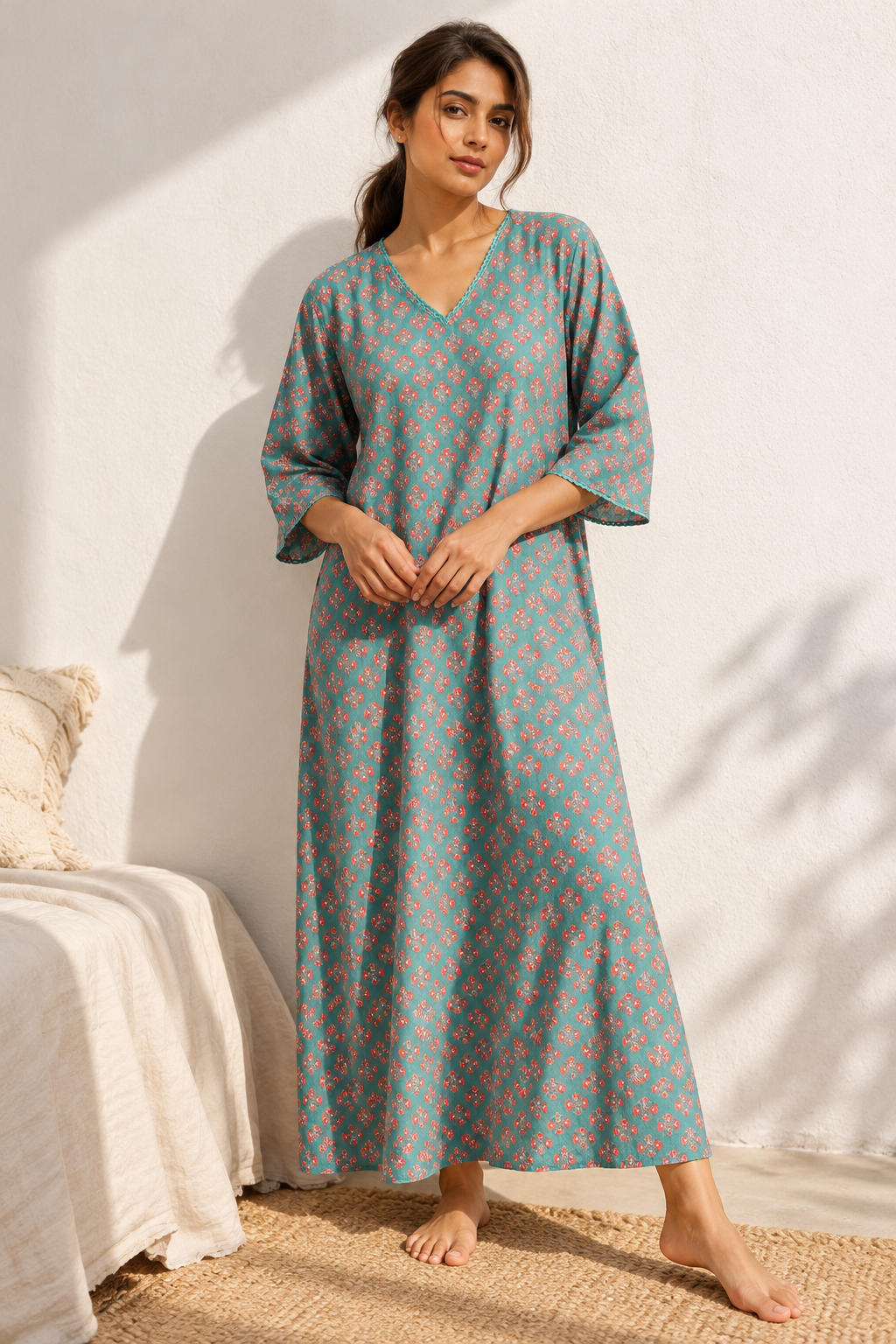 Teal V-Neck Ethnic Motifs Print Pure Cotton Nighty For Women