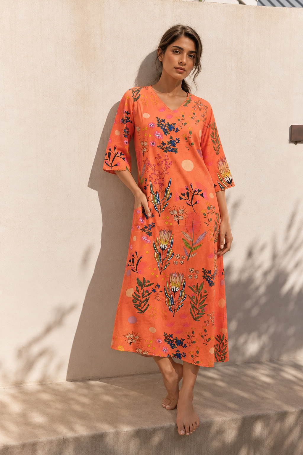 Orange V-Neck Floral Prinr Maxi Pure Cotton Nighty For Women