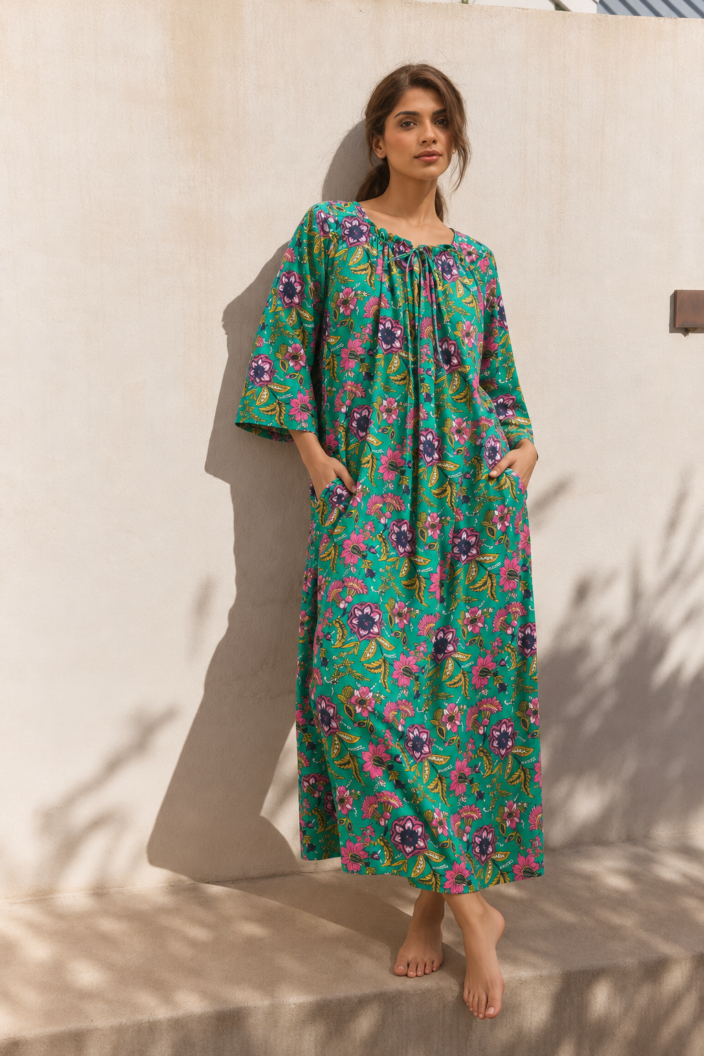 Green Floral print Square Neck Maxi Pure Cotton Nighty For Women
