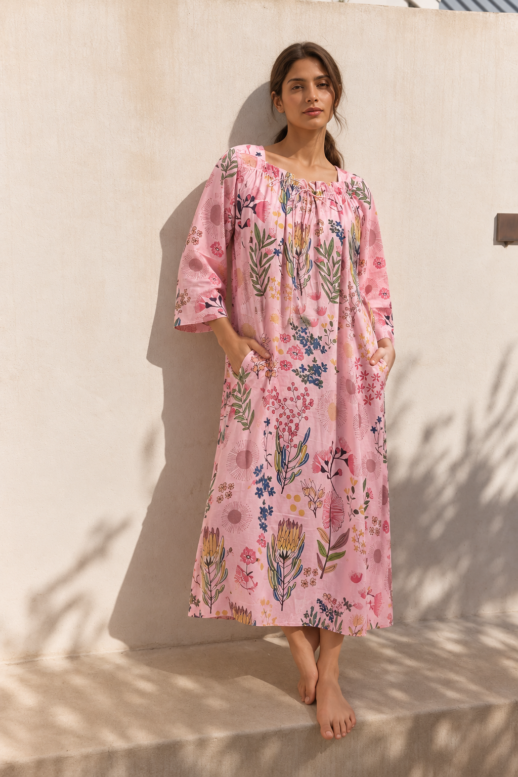 Pink Floral Print Square Neck Knee Length Night For Women