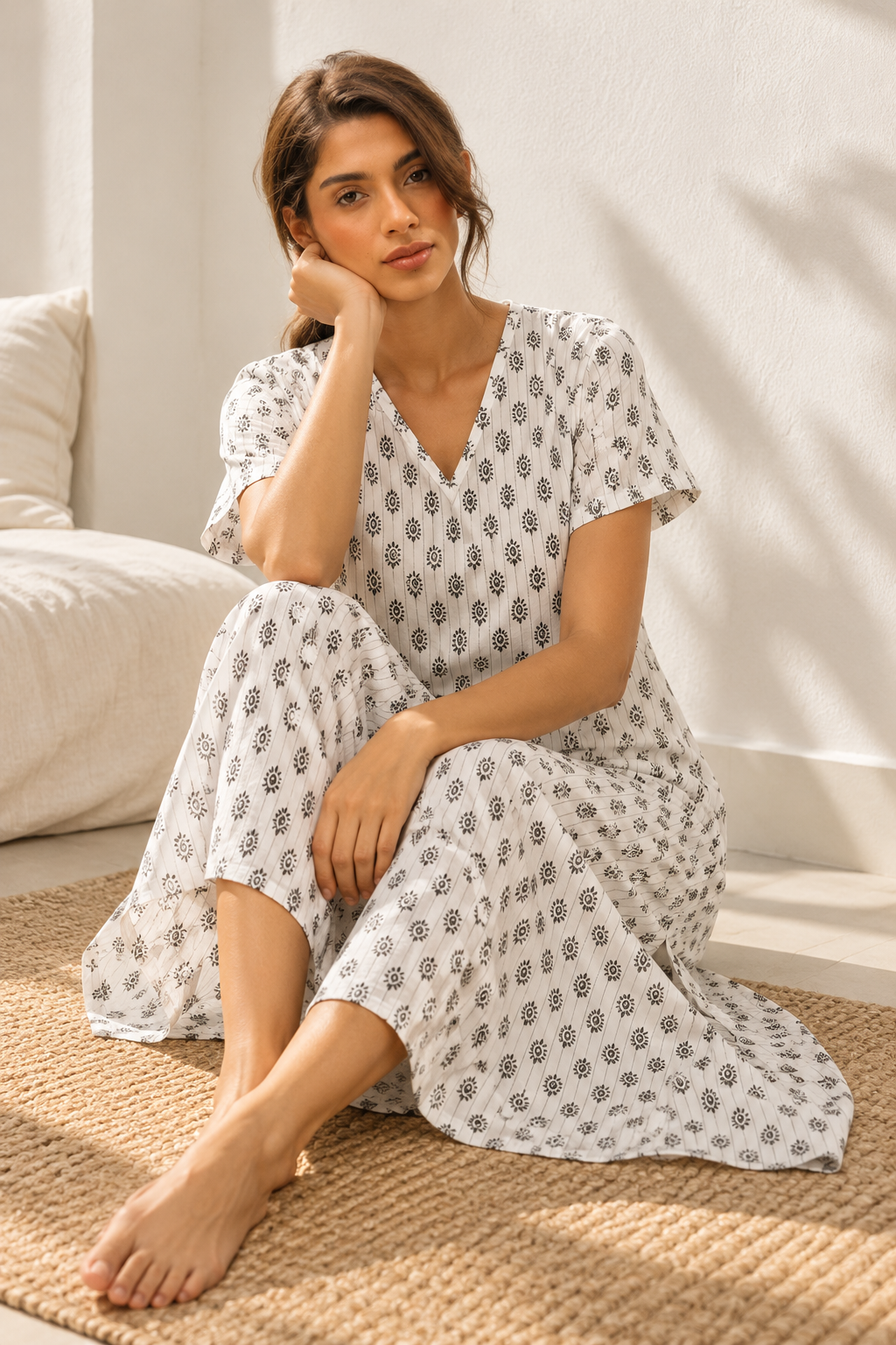 White V-Neck Pure Cotton Ethnic Motifs Pure Cotton Nighty For Women