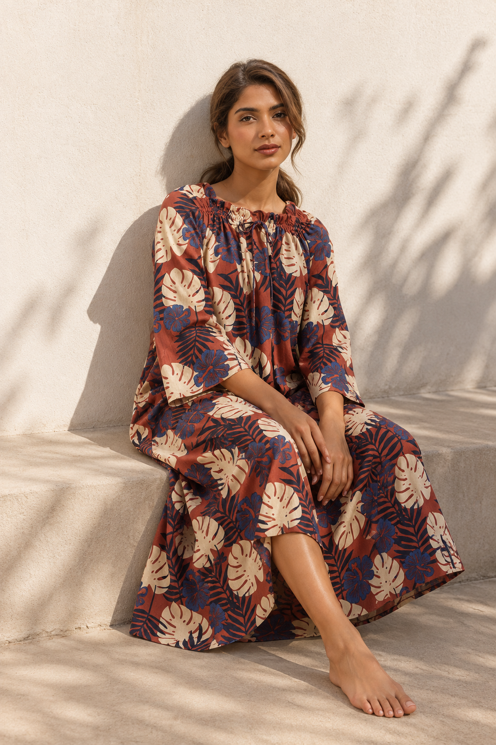 Red Square Neck Tropical Pure Cotton Nighty For Women