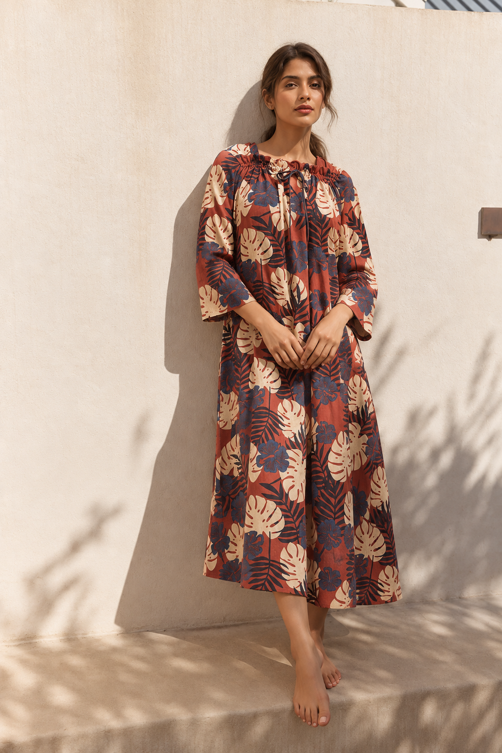 Red Square Neck Tropical Pure Cotton Nighty For Women