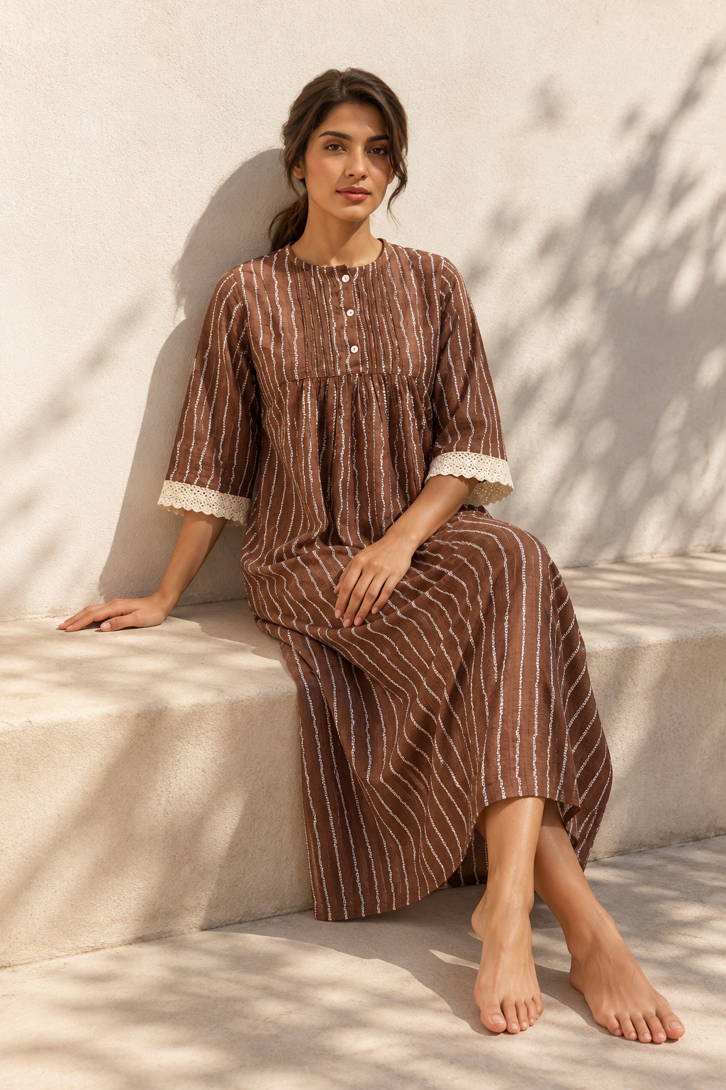 Brown Round Neck Stripes Print Pure Cotton Nighty For Women