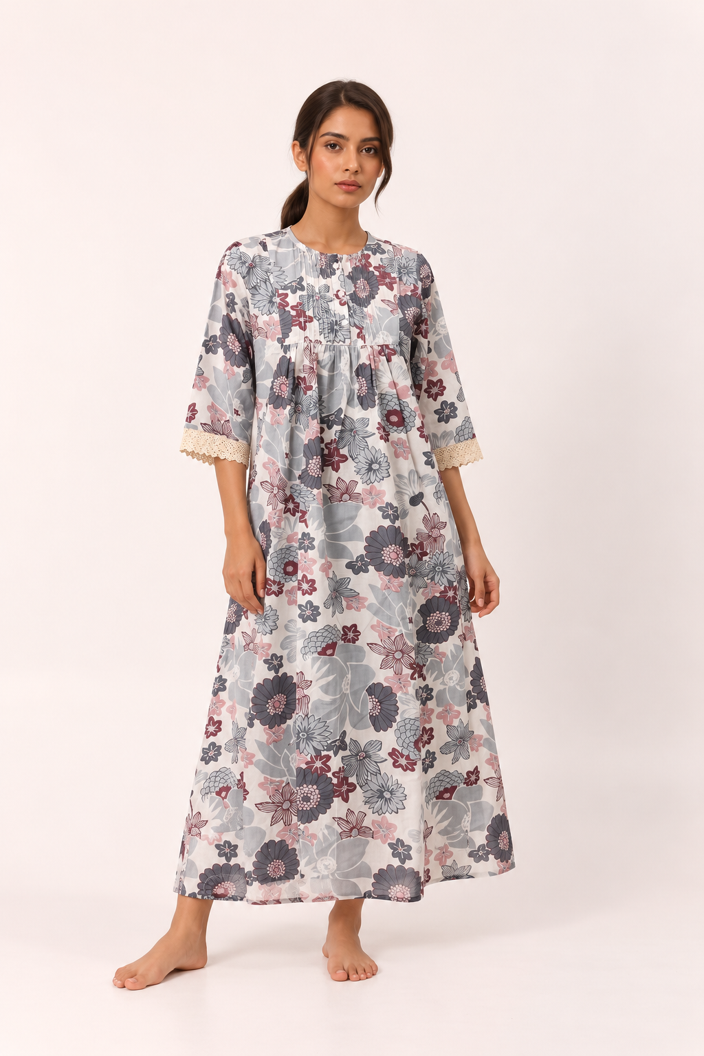 Blue Round Neck Floral Print Pure Cotton Nighty For Women
