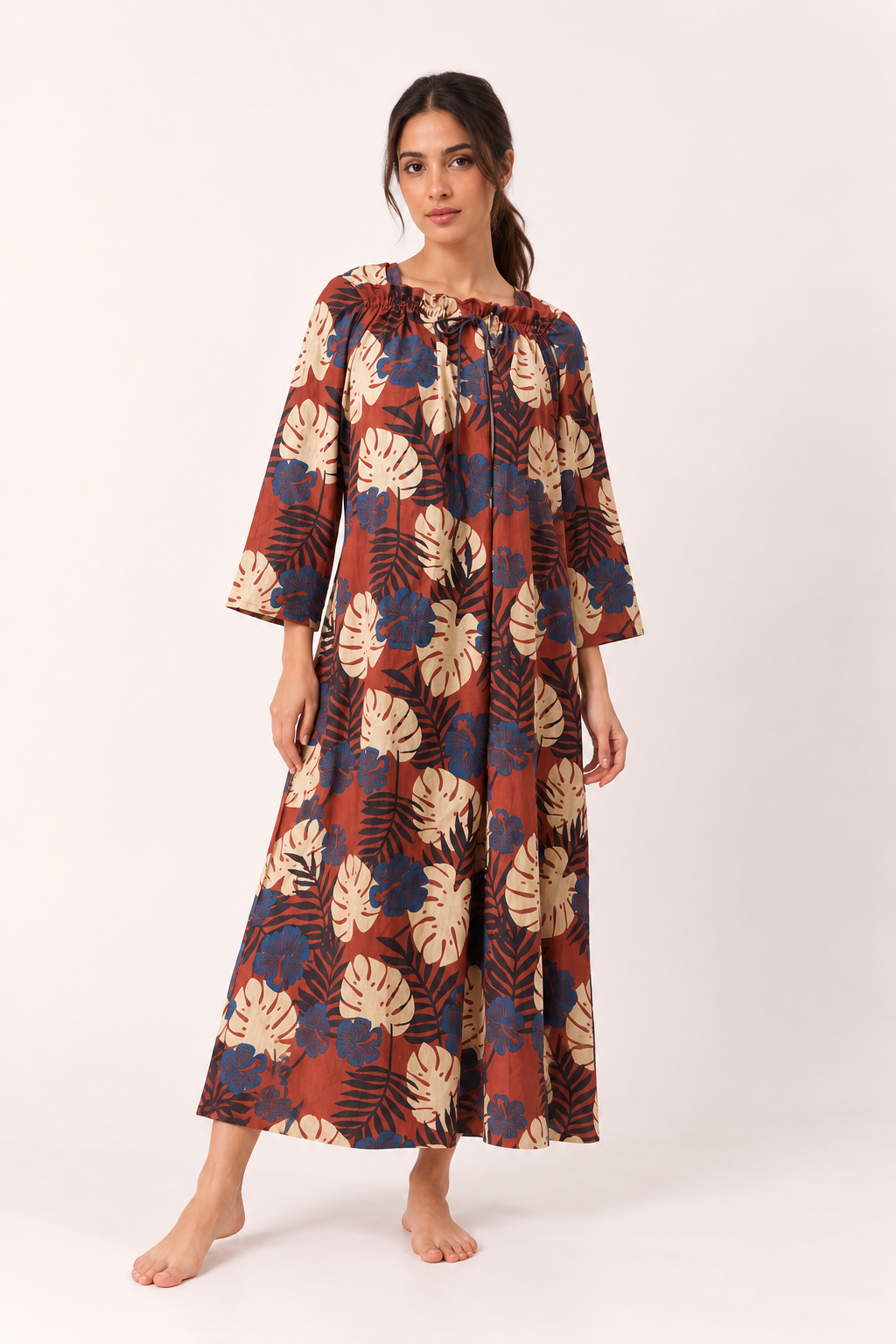 Red Square Neck Tropical Pure Cotton Nighty For Women