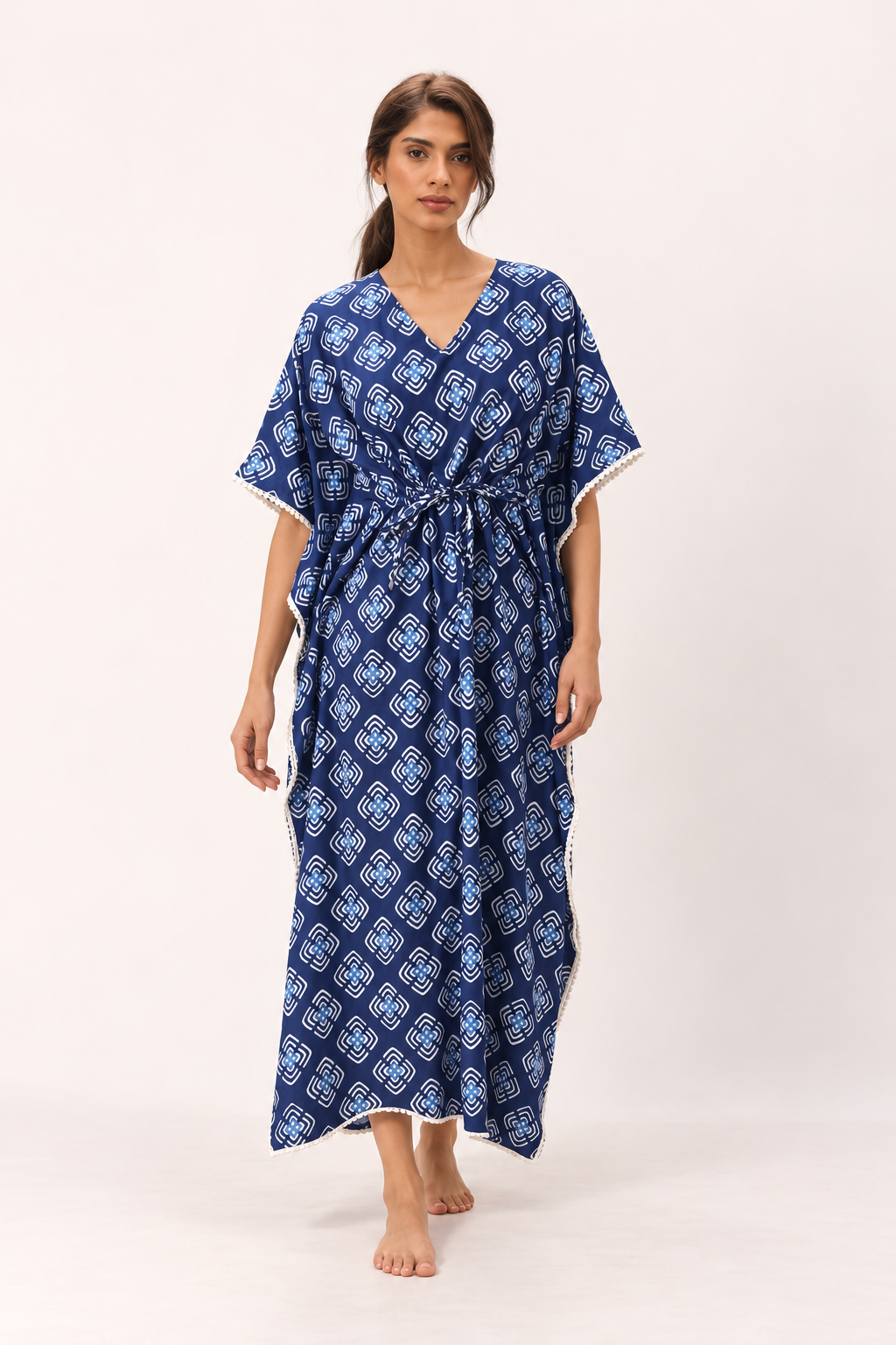 Navy Blue V-Neck Geometric Maxi Pure Cotton Nighty For Women