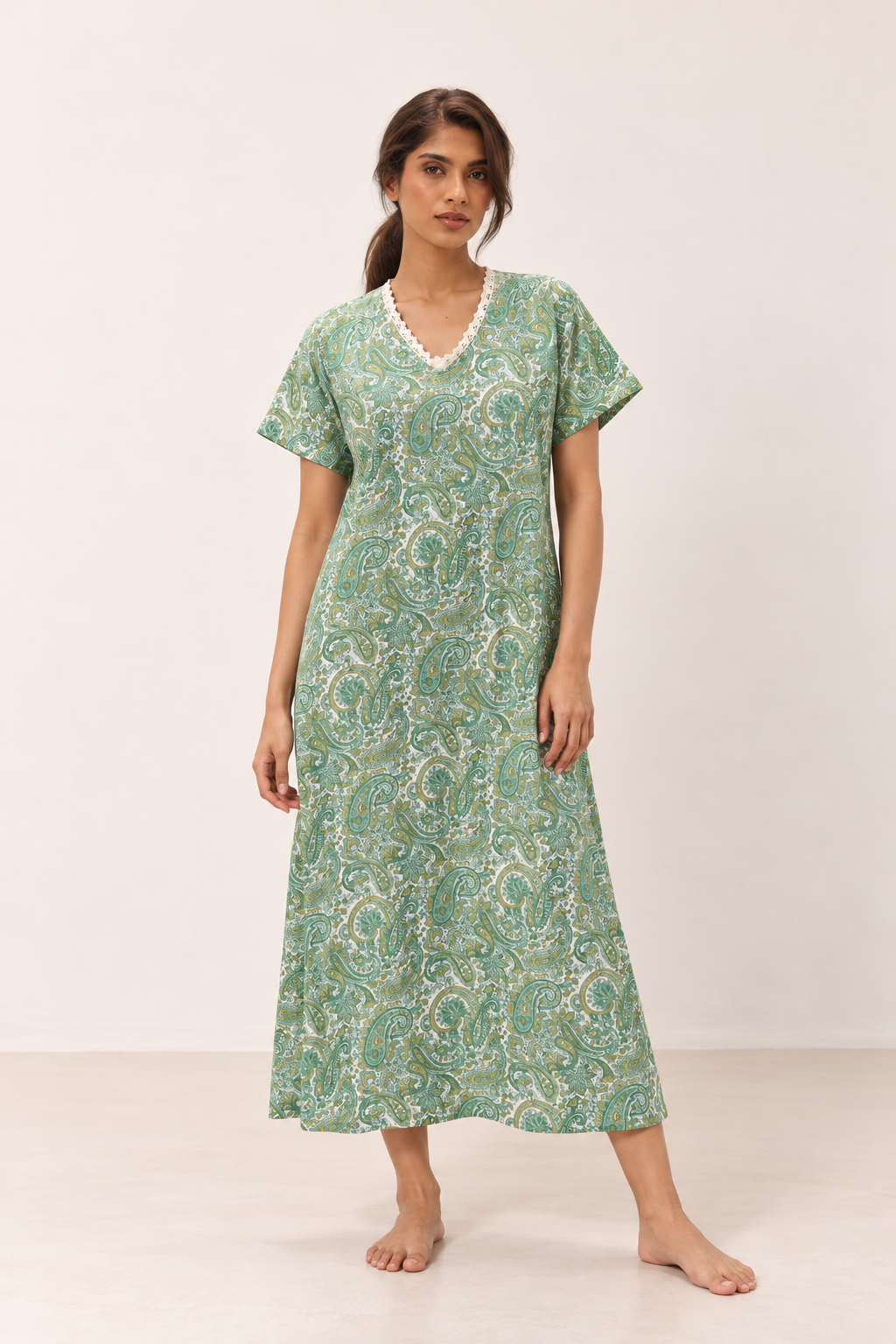 Blue V-Neck Paisley Maxi Length Pure Cotton Nighty For Women