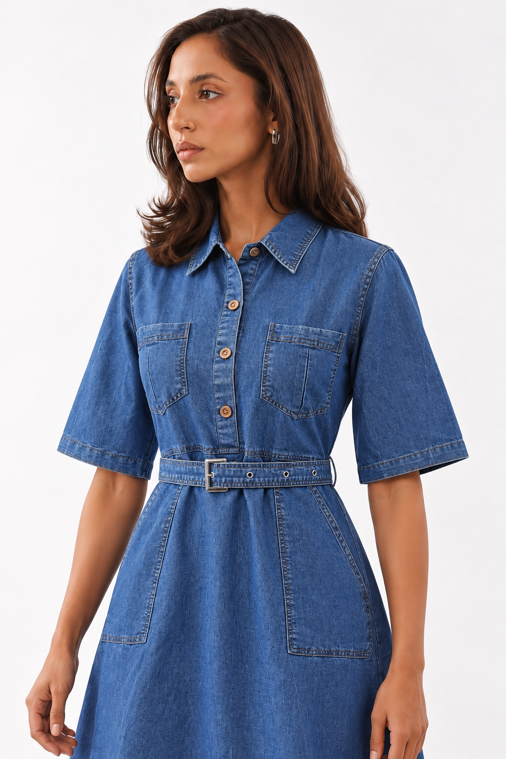 Navy Blue Shirt Collar Belted Denim A-Line Shirt Dress For Women