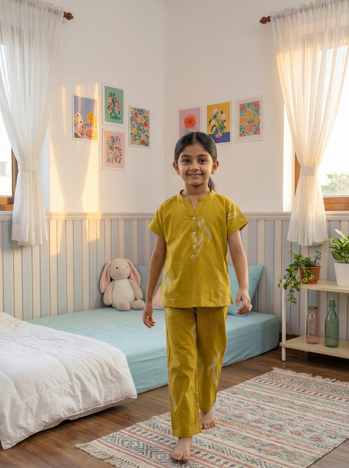 Yellow Bird Print Round Neck Cotton Night Suit For Kids