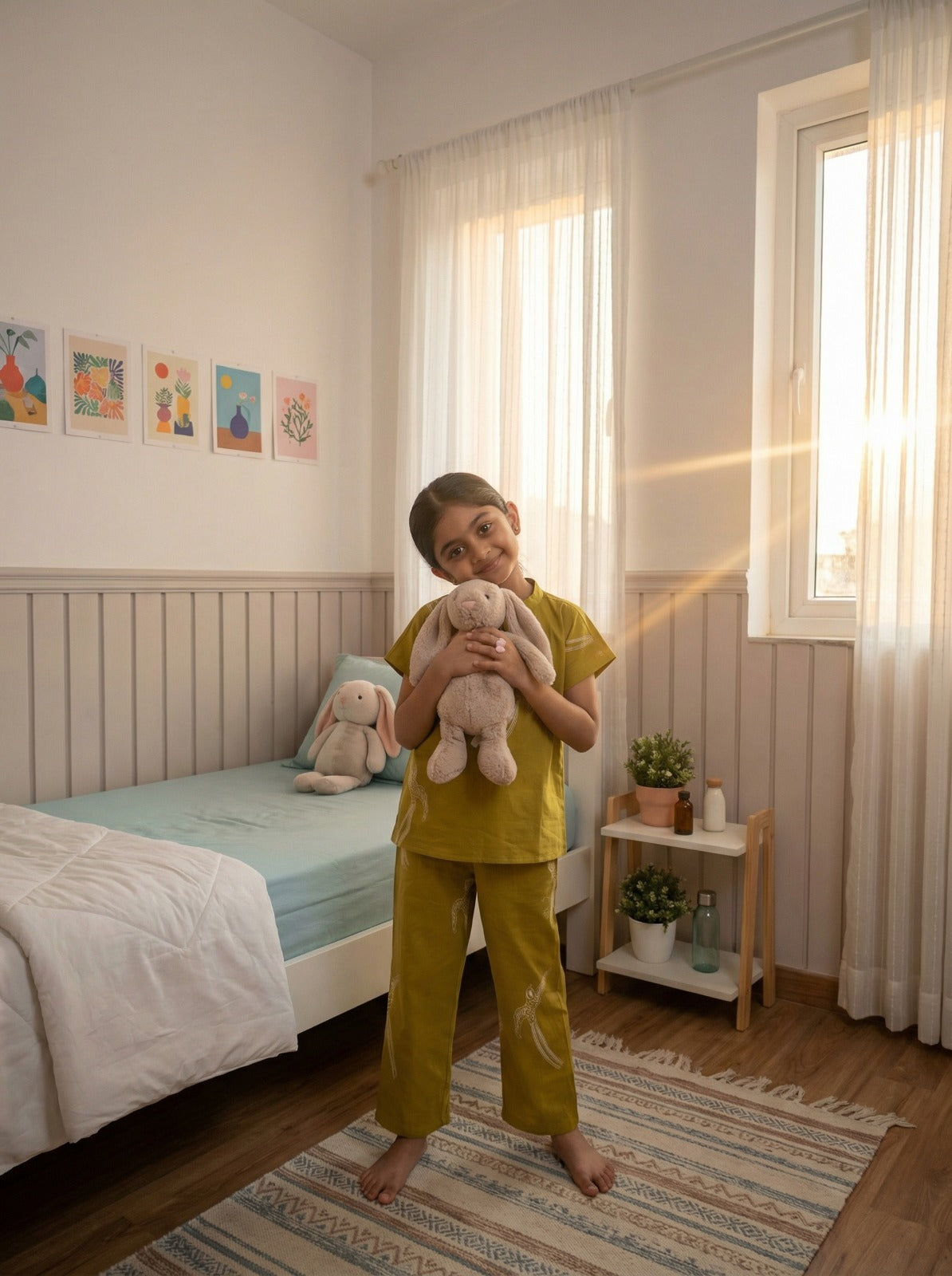 Yellow Bird Print Round Neck Cotton Night Suit For Kids