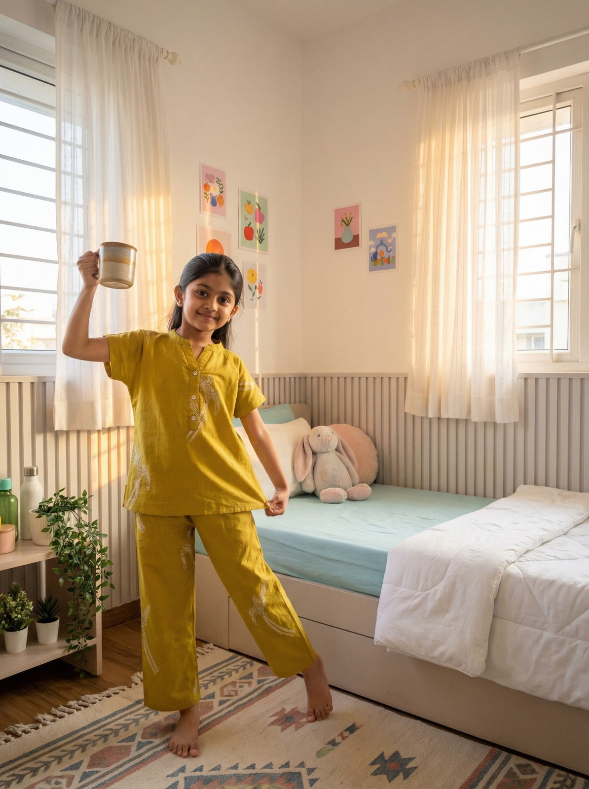 Yellow Bird Print Round Neck Cotton Night Suit For Kids