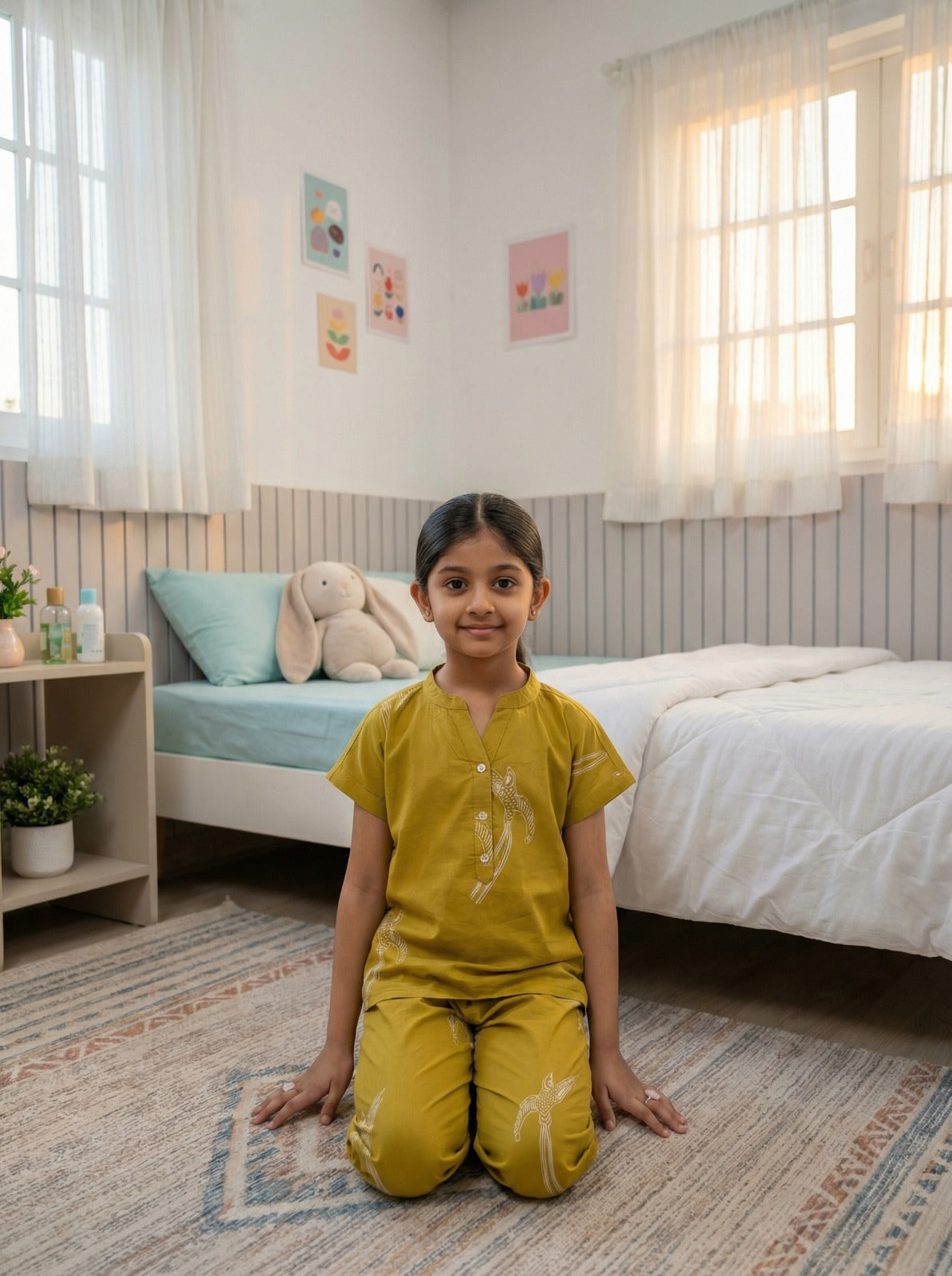 Yellow Bird Print Round Neck Cotton Night Suit For Kids