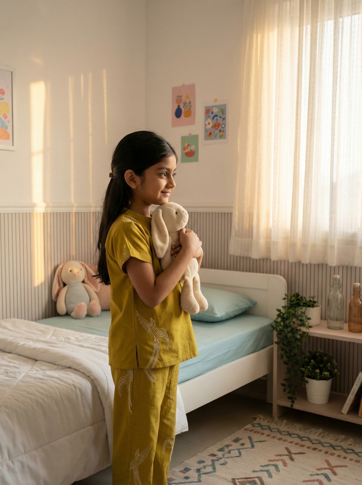 Yellow Bird Print Round Neck Cotton Night Suit For Kids