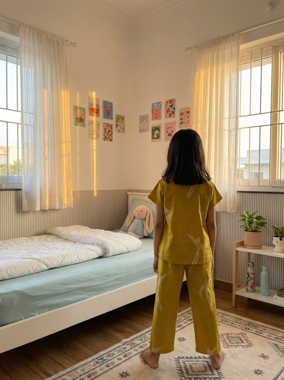 Yellow Bird Print Round Neck Cotton Night Suit For Kids