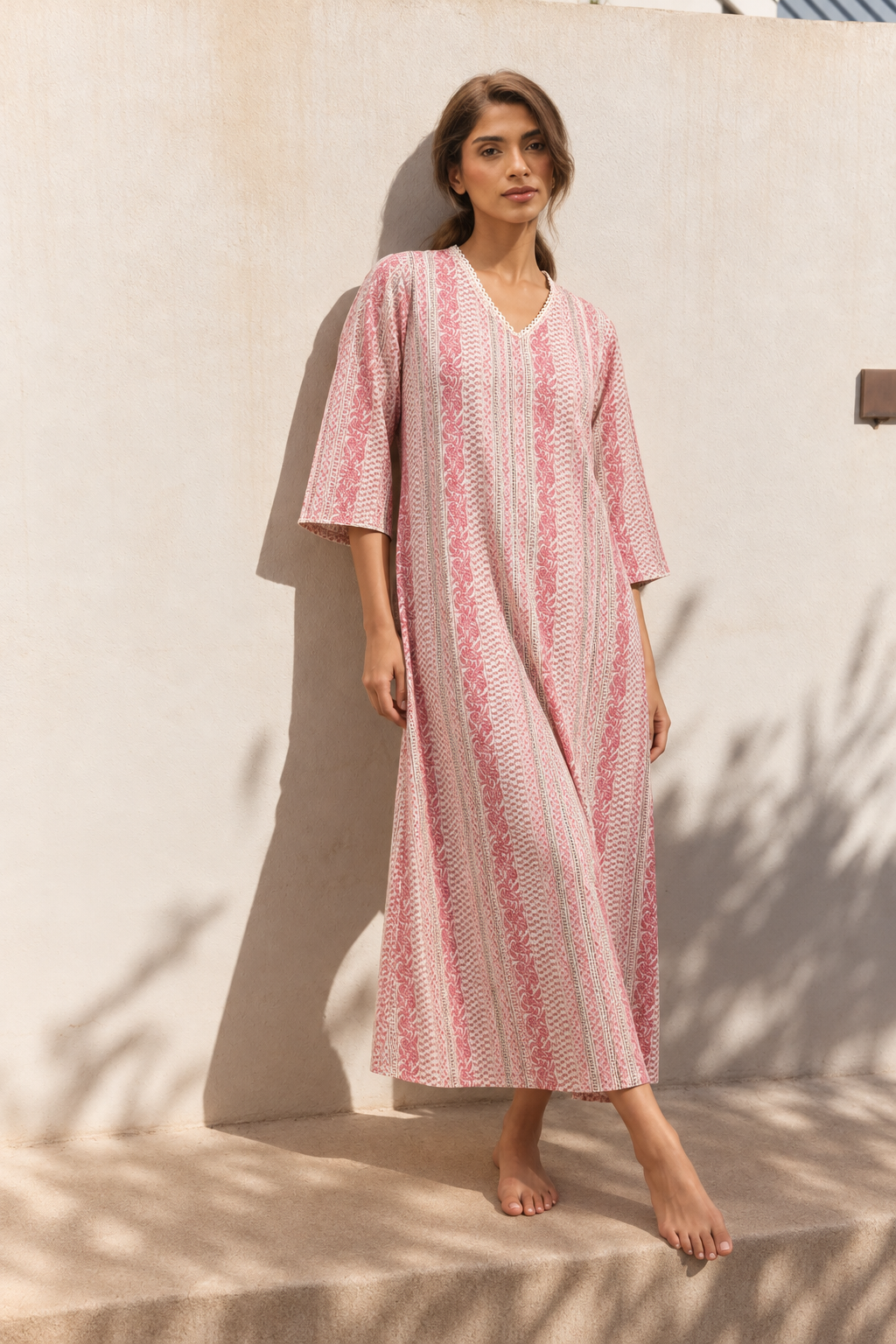 Pink Stripes Print V-Neck Pure Cotton Maxi Nighty For Women
