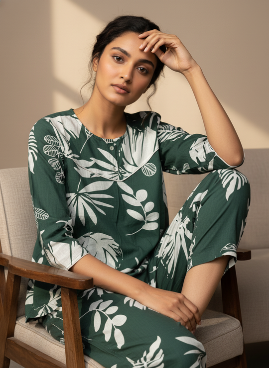 Green Round Neck Cotton Printed Night Suit Set for Women