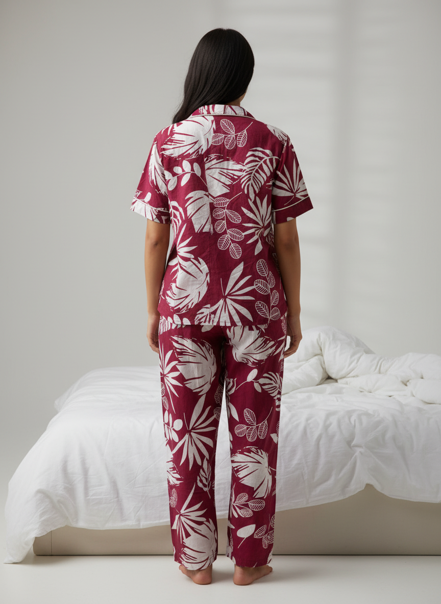 Wine Cotton Printed Night Suit Set for Women