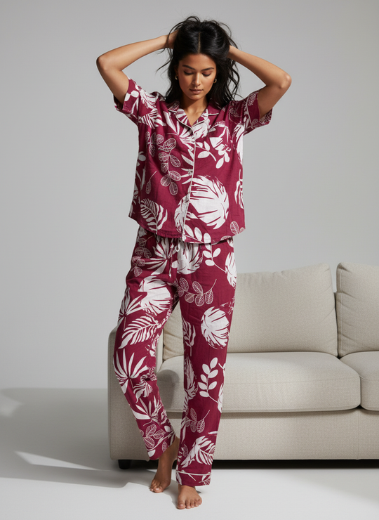 Wine Cotton Printed Night Suit Set for Women
