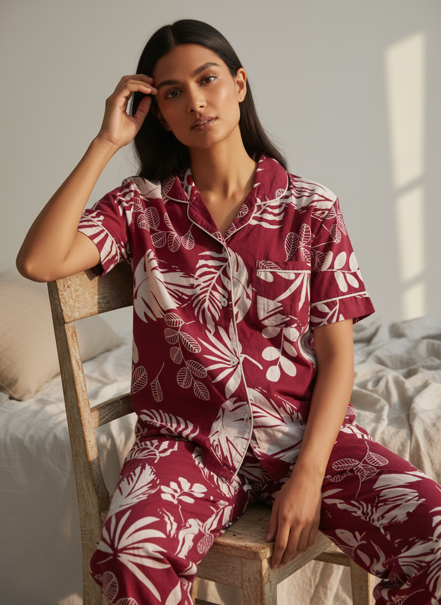 Wine Cotton Printed Night Suit Set for Women