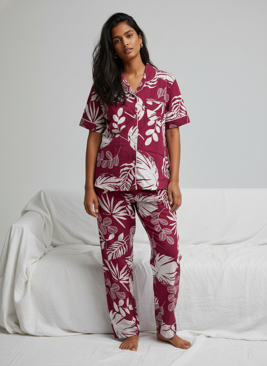 Wine Cotton Printed Night Suit Set for Women