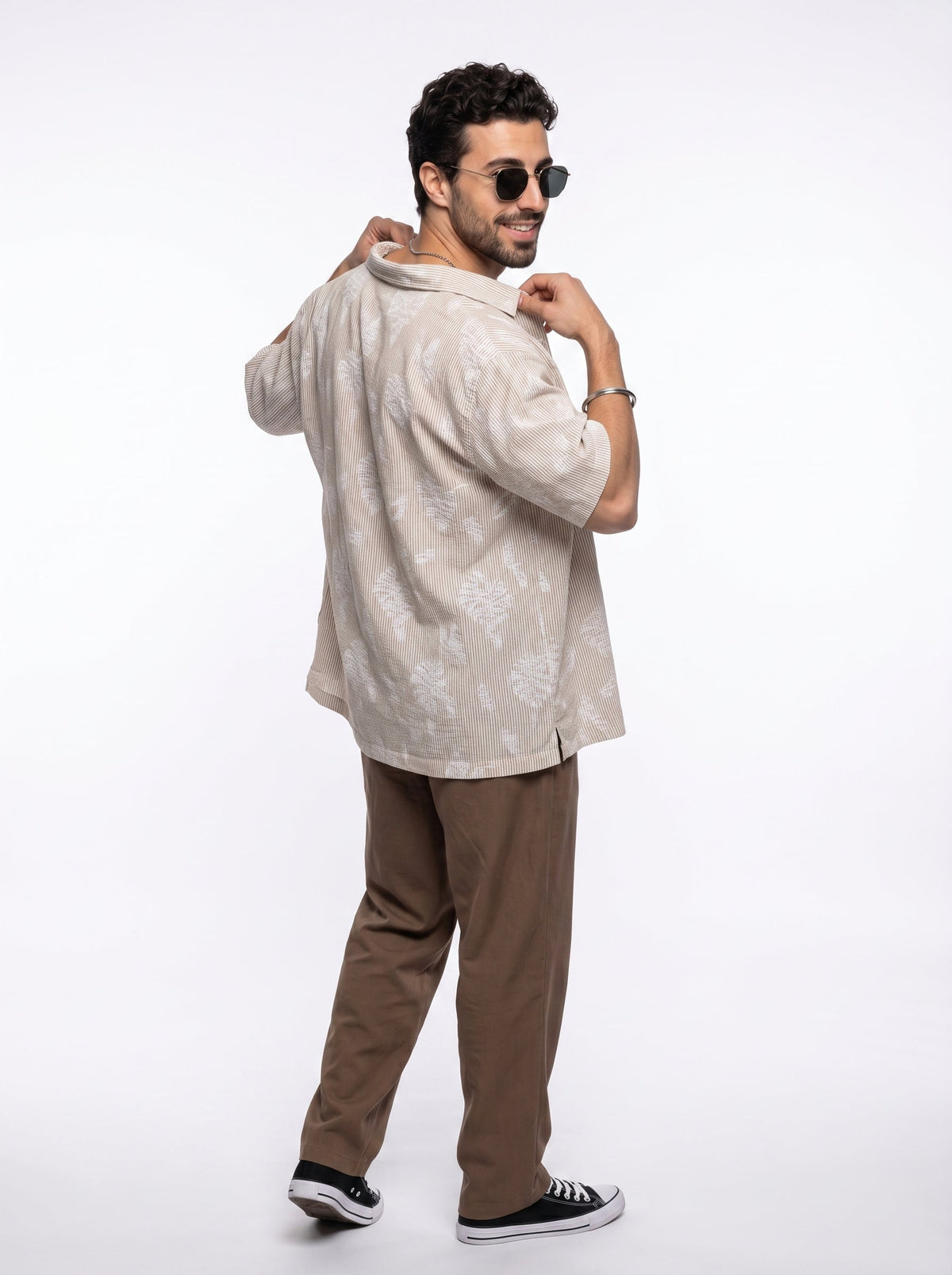 Brown Floral Stripes Print Cuban Collar Handloom Cotton Oversized Shirt For Men