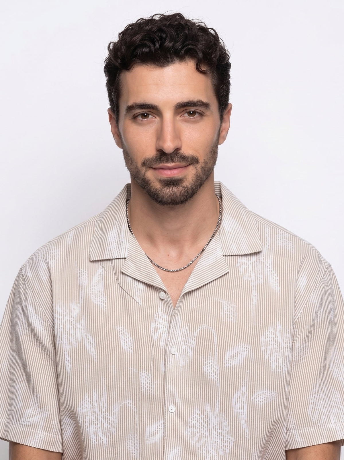 Brown Floral Stripes Print Cuban Collar Handloom Cotton Oversized Shirt For Men