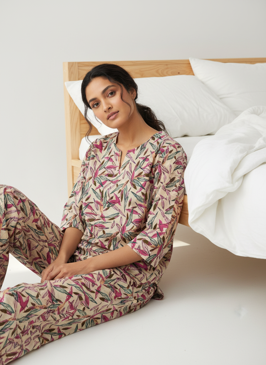 Multicolor Leaf Printed Round Neck Cotton Night Suit Set