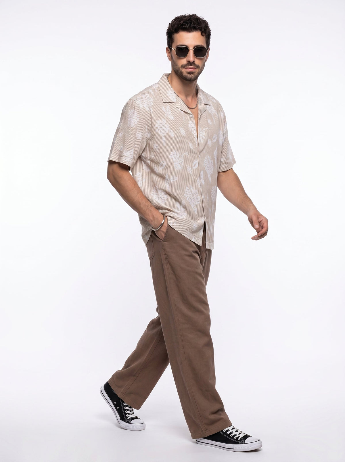 Brown Floral Stripes Print Cuban Collar Handloom Cotton Oversized Shirt For Men
