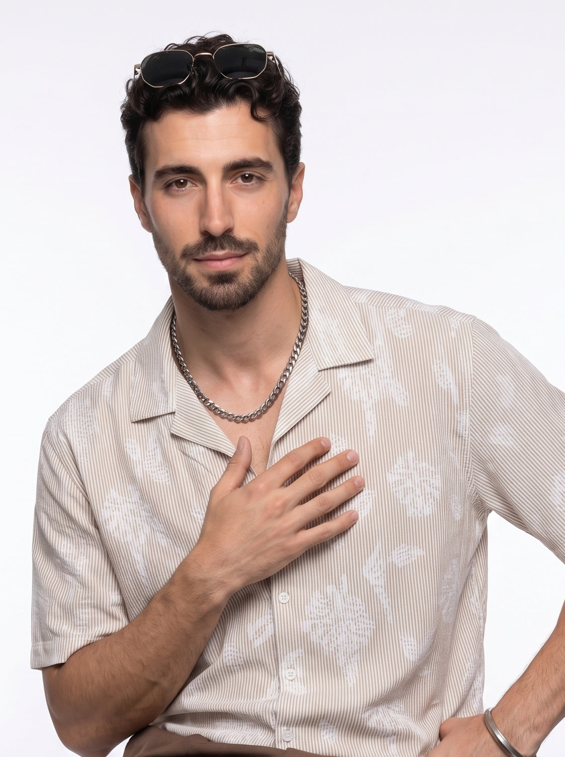 Brown Floral Stripes Print Cuban Collar Handloom Cotton Oversized Shirt For Men