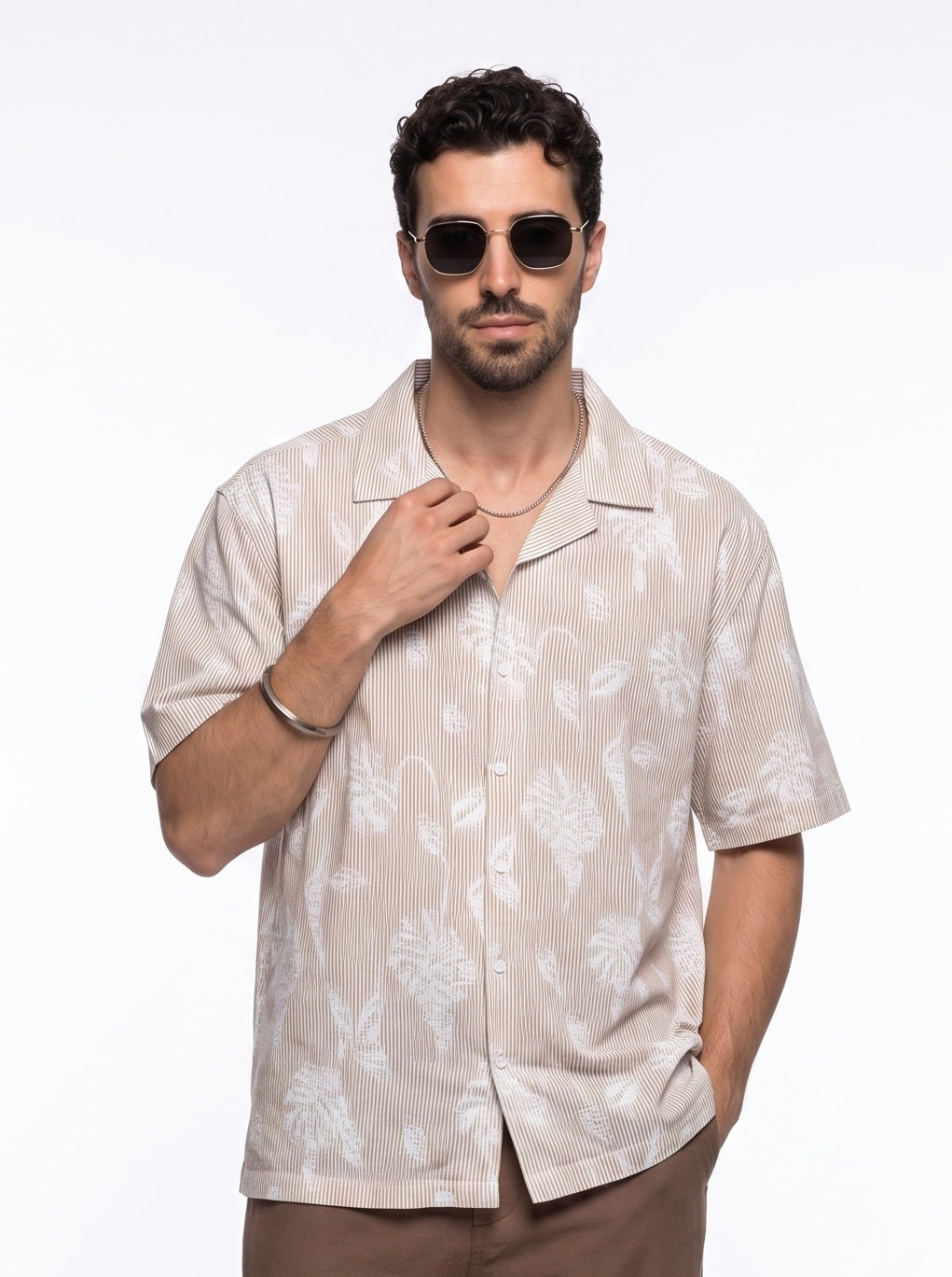 Brown Floral Stripes Print Cuban Collar Handloom Cotton Oversized Shirt For Men