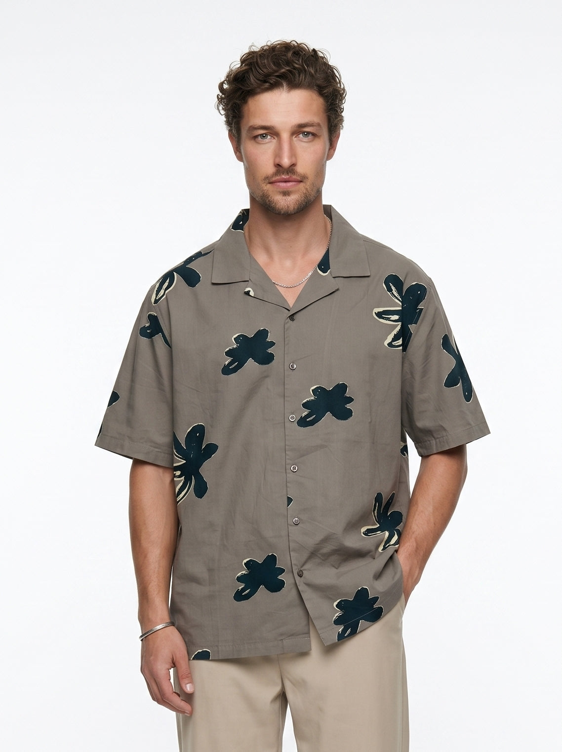 Grey Floral Print Cuban Collar Cotton Shirt For Men