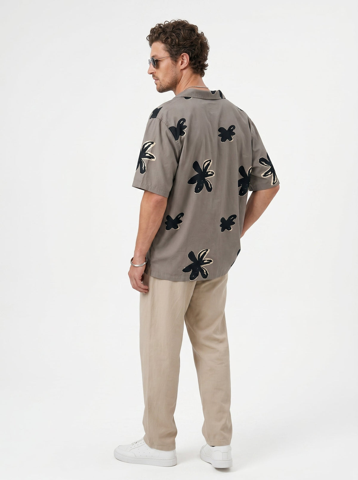 Grey Floral Print Cuban Collar Cotton Shirt For Men