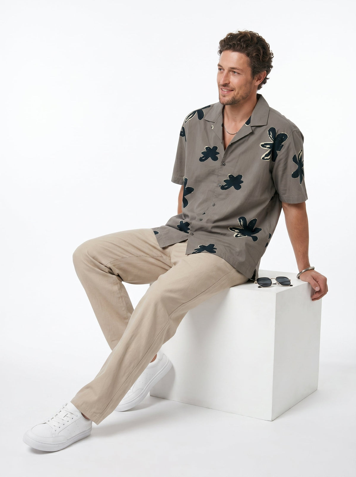 Grey Floral Print Cuban Collar Cotton Shirt For Men