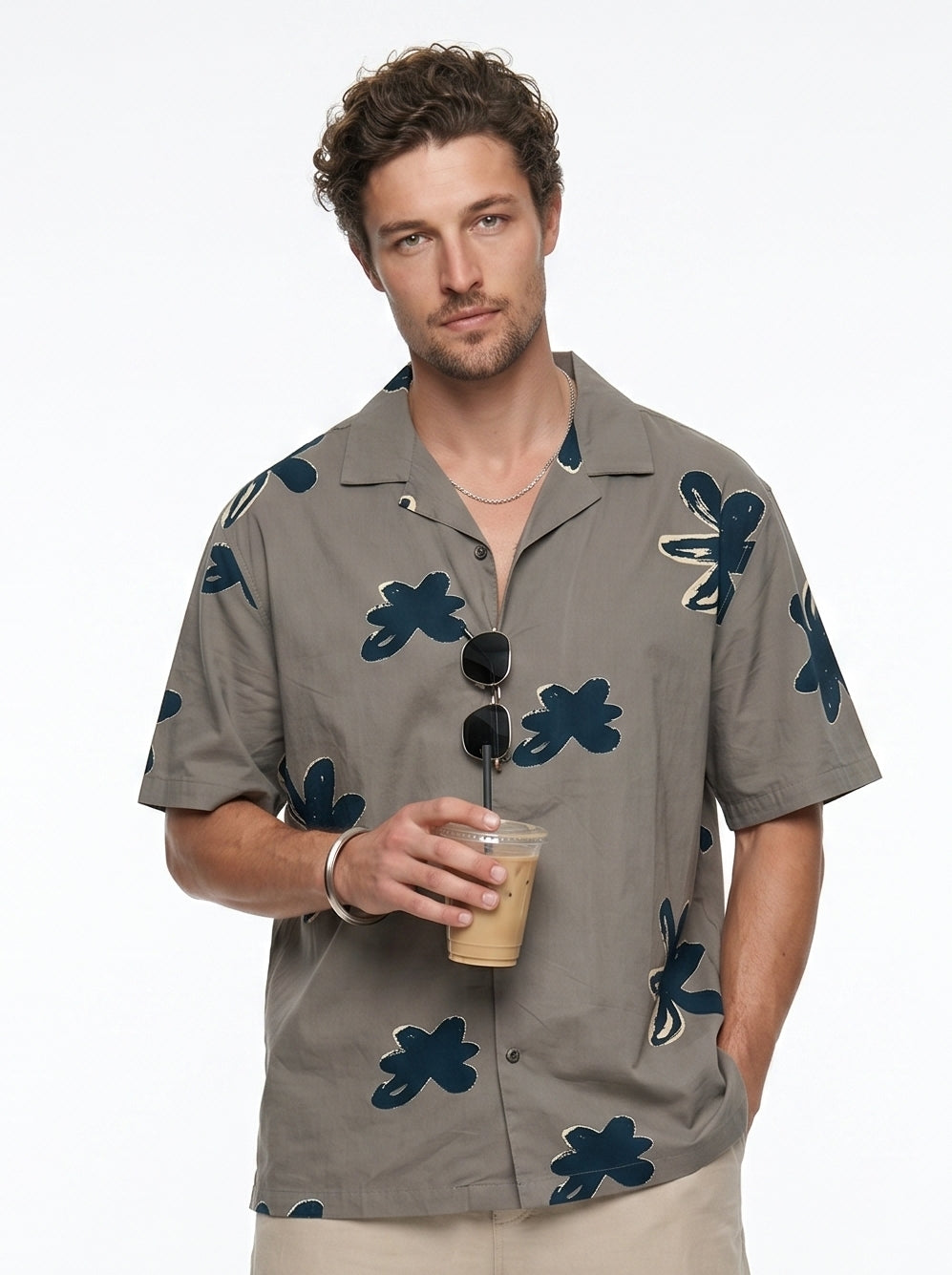 Grey Floral Print Cuban Collar Cotton Shirt For Men